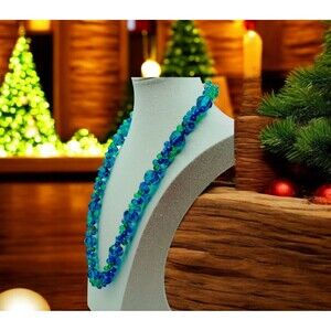 Austrian Beaded Necklace Approx 20" Cobalt Blue Emerald Green Acrylic Faceted